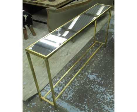 CONSOLE TABLE, mirrored top contemporary style on gilded metal base, 152cm x 26cm x 79cdm H.