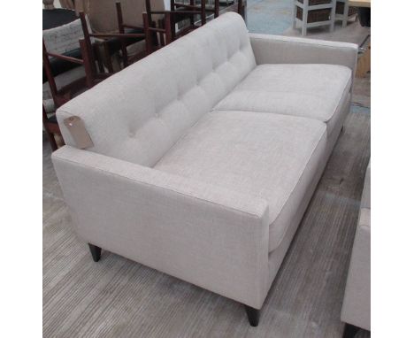 SOFA, two seater, button back in light grey on square ebonised supports, 170cm L.