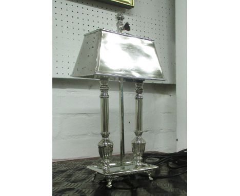 TABLE LAMP, twin branch in chromed metal with chromed metal shade, 40cm H.