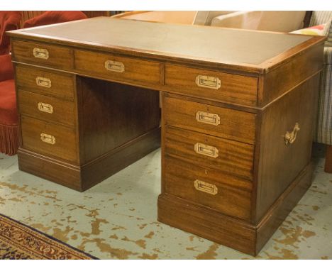 NAVAL DESK, early 20th century mahogany with lined top above a chart drawer, six further drawers and brass side handles, 78cm