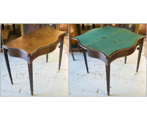 IRISH CARD TABLE, George III 18th century mahogany serpentine foldover baize lined and fluted supports, 92cm W x 45cm D x 74c