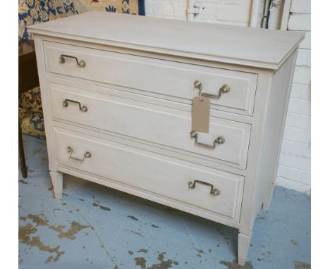 COMMODE, French 19th century style grey painted with three long drawers and square tapering supports, 103cm x 86cm H x 49cm.