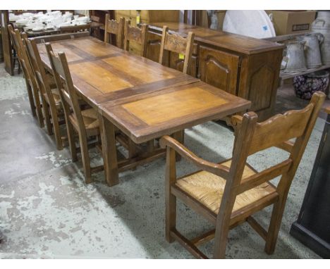 REFECTORY TABLE, Continental style oak with two drawers 75cm H x 85cm x 220cm L 320cm extended and a set of seven dining chai