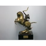 Large Bronze Sculpture on Marble Base of a Soldier Holding the Vertu Logo. Called "A Golden Spear