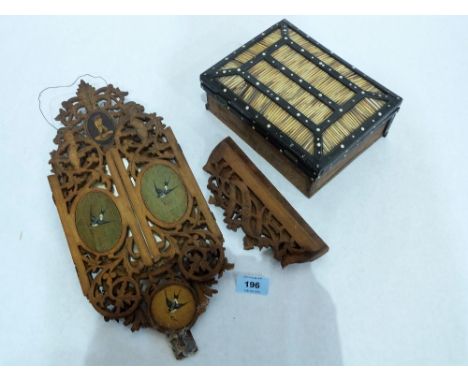 An Italian fret carved olive wood triptych wall mirror and a porcupine quill box. Both A.F