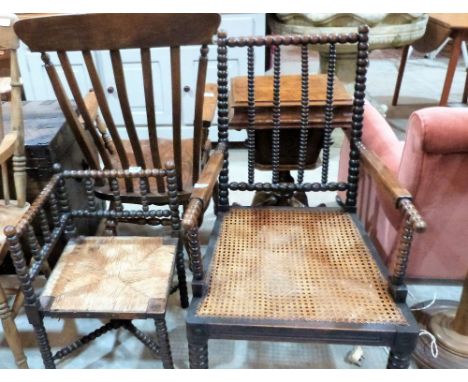 A bobbin turned armchair with caned seat and a similar corner chair with rush seat