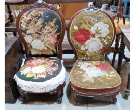 Two Victorian walnut spoonback lady's chairs with tapestry upholstery