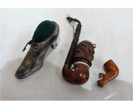 A hat pin, shoe pin cushion, a German cherry wood tobacco pipe and a ceramic pipe bowl