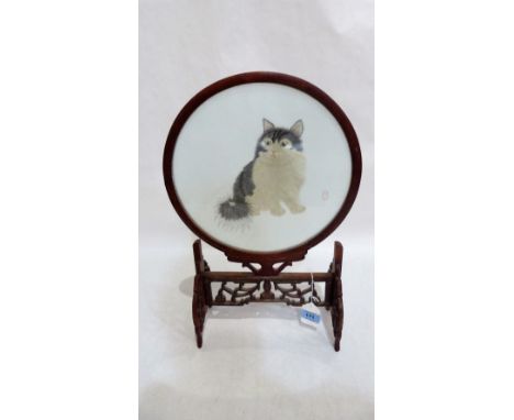 A Chinese carved wood table screen, the banner very finely silk embroidered with a cat. Signed. 19'' high