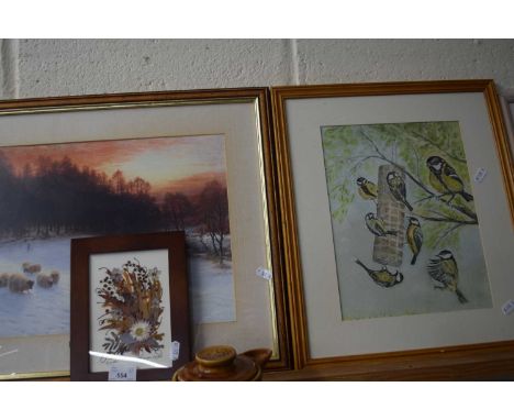 Mixed Lot: Study of blue tits on feeder together with coloured print of sheep and a dried flower picture, Australian Flora (3