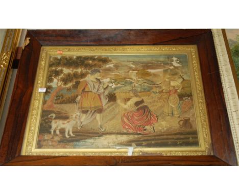 A 19th century rosewood framed silkwork and painted silk panel depicting a harvest scene (with major losses) 51x66cm, the who