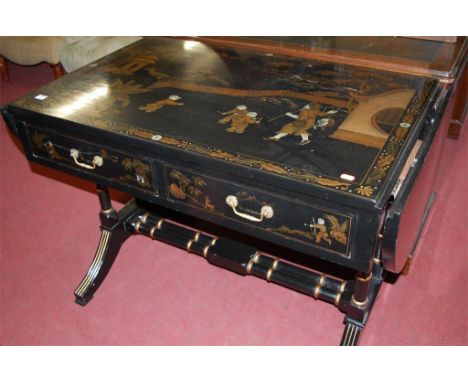 A contemporary chinoisserie black lacquered sofa table, having twin frieze drawers, and raised on outswept supports, w.106cm