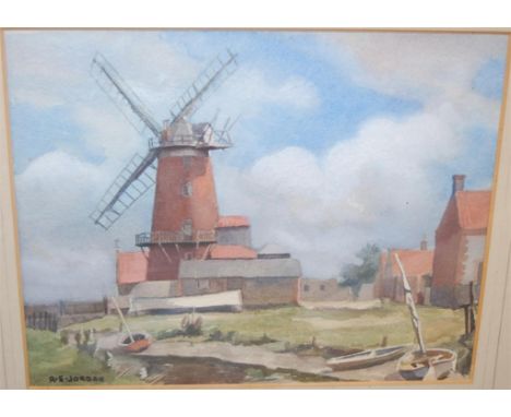 R E Jordan - Windmill in Summer, watercolour, signed lower left, 23 x 29cm 