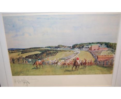 Lionel Edwards - Before the Off, signed lithograph; James Pollard - Epsom, colour engraving; and one other racing print (3) C