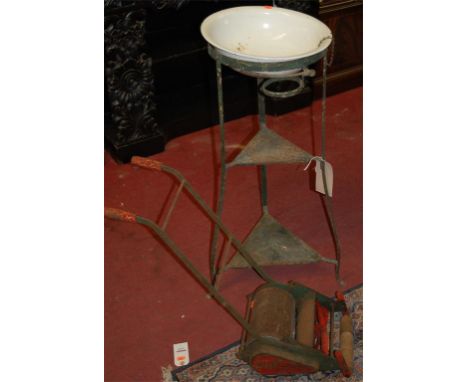 A 1950s The Webb Miniature Lawnmower; together with a wash basin on painted metal stand (2)