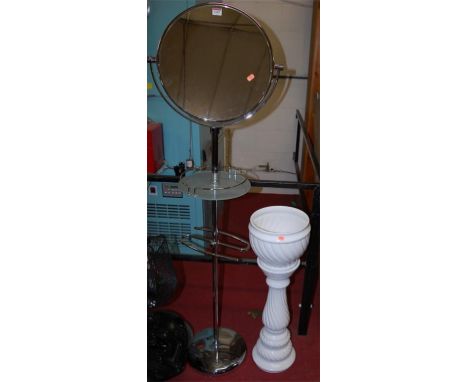 A contemporary chromed metal bathroom washstand, having revolving swing mirror; together with a ceramic jardiniere on stand (