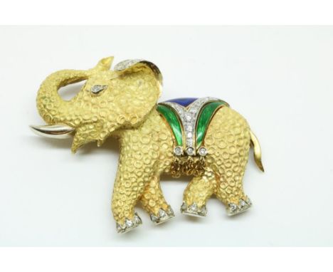 Two-tone gold elephant brooch, partly green and blue enamel, set  with 32 brilliant cut diamonds and 8/8 cut diamonds, approx
