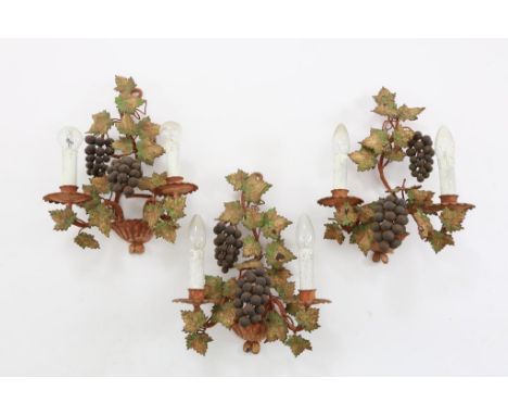 Lot of 3 polychrome metal 2-light wall lamps withbunches of  grapes and leavesLot van 3 polychroom metalen 2-lichts wandlampe