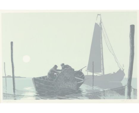 DORLEIJN, PETER (1937), sig. 'petrus fecit' l.r. and dat. '80,  "Herring Trap Fishermen", silkscreen 35 x 50 cm. Comes with a