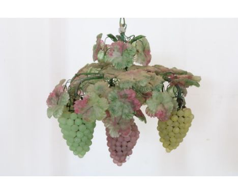 Murano lamp chandelier with 4 lightpoints decorated with brunches  of grapes and grape leaves of green and pink glass paste, 