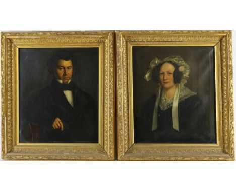 Unknown, unsigned 19th century portrait of a gentleman and a lady, canvas 66 x 56 cm. (pendant)Onbekend, onges. 19e eeuw. por