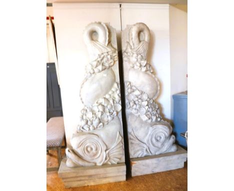 Pair polyester dolphin ornaments, originating sourced props  department Dutch broadcasters, h. 198, w. 82, d. 50 cm.Stel poly