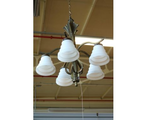 Art Deco 5-light hanging lamp with opaline shades.Art Deco 5-lichts hanglamp met opaline kapjes.