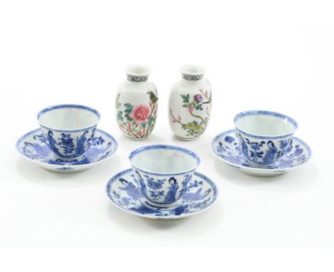 Lot Chinese porcelain 3 cups and saucers, bluewhite decorated  with long lines, 19th. Century, cond. 2 cups haircrack, togeth