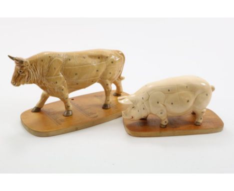 Pair of porcelain sculptures of cow and pig, with numbering of  butchers list, Germany ca. 1980, designer: Gerhard Wittman, h