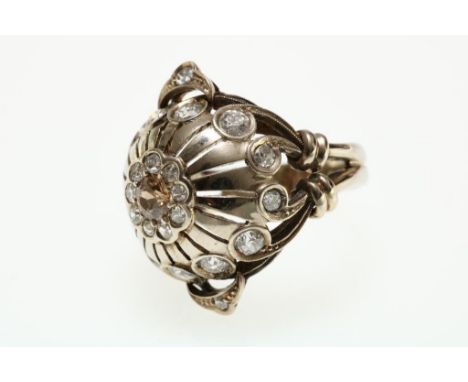 Bicolor gold fantasy ring set with old-cut diamond, approx. 1.3ct., octagon cut approx. 0.16ct. and cognac brilliant cut cent