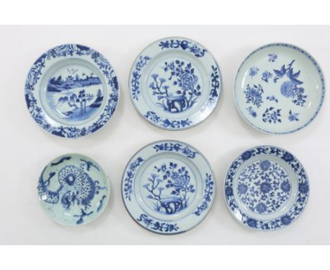 Lot of a porcelain Kangxi dish, markt in double ring, diam. 21  cm. (chips), 2 Qianlong dishes, diam. 23 cm. (chips) and 3  d