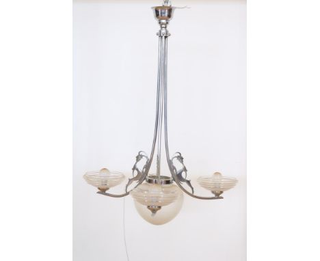 Chrome-plated Art Deco 4-light hanging lamp with deer and glass hoods, h. 85 cm. (bayonet fitting)Verchroomde Art Deco 4-lich