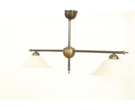 Brass Art Deco 2-lights billiard lamp, with 2 glass lampshadesMessing Art Deco 2-lichts biljart lamp, met 2 melkglazen kappen