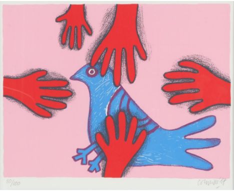 CORNEILLE (C. VAN BEVERLOO), (1922-2010), signed and dated 1987 bird and hands, lithograph 36 x 44 cm. 80/100.CORNEILLE (C. V