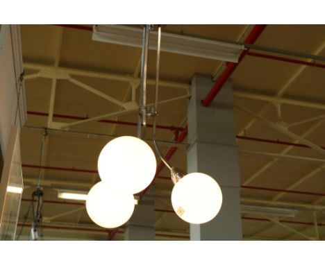 Chromed Art Deco hanging lamp with 3 opaline spheres.Verchroomde Art Deco hanglamp met 3 opaline bollen.