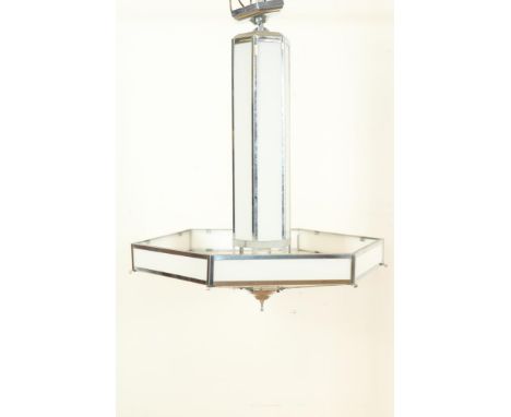 Art Deco chrome 4-lights ceiling lamp, with white glass, l. 98  cm.Verchroomd metalen Art Deco 4-lichts hanglamp met melkglas