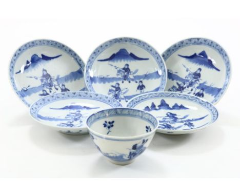 A set of 5 porcelain saucers, and 1 cups, decoretad with  hunting scene: 'Joosje te Paard', marked: 4 characters in double  c
