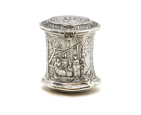 A repousse silver snuff or tobacco box 19th century, German, bearing pseudo Hanau marks, of shaped oval form, with a gilt int