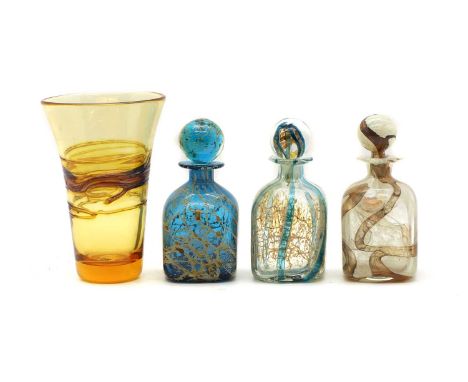 A group of three Mdina glass decanters  c.1980, each of square section, tallest 16cm together with a Whitefriars amber glass 