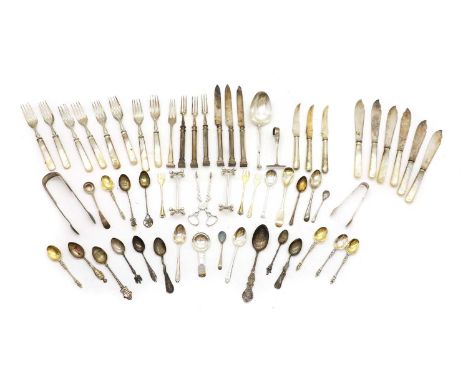 A collection of silver cutlery to include, six mother of pearl handle fish knives by James Dixon & Sons, Sheffield 1911, eigh