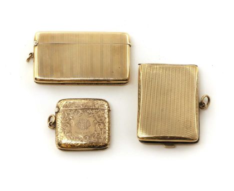 A group of three 9ct gold vesta cases comprising an engine-turned example, Birmingham 1851, 6cm wide, a similar example, 7cm 
