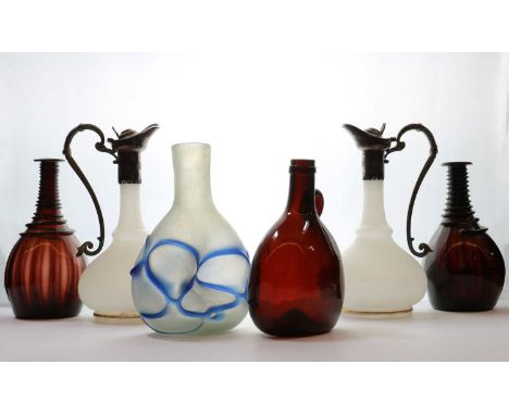 A group of glass items, 19th century and later, comprising a flagon decanter, with finger loop handle, 19cm high, a pair of s