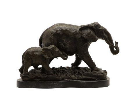 A bronze figure group   contemporary, of elephant and calf, on a veined marble base 31cm wide 16cm deep 20.5cm highProvenance