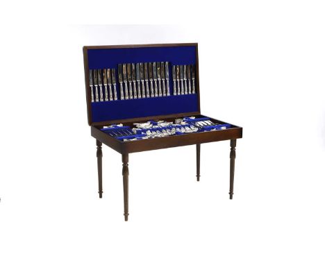 A silver plated canteen Queen's pattern, for twelve settings, comprising dinner knives, forks and spoons, dessert knives, for