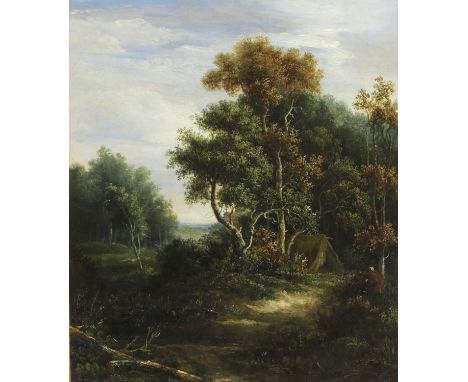 Attributed to James Stark (1794-1859) A wooded landscape with a figure by an encampmentoil on canvas35 x 30cmProvenance: The 
