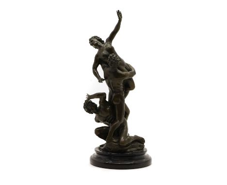 After Giambologna  'The Abduction of a Sabine Woman', a bronze figure group, on a veined marble socle, signed 'Panagiotis',  