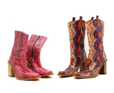 A pair of Judy Rothchild cowboy boots, dyed pink snakeskin, size 39, and a pair of Karen Millen dyed snakeskin boots, size 39
