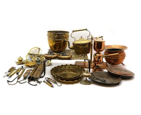 A collection of brass and copper wares 19th century and later, to include, a Dutch jardiniere, 20cm high, a coffee pot and st