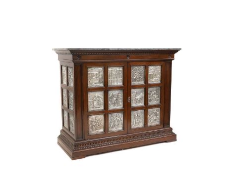 A mahogany and marble top cabinet  mounted to the cupboard doors and sides, with twenty-four 800 standard silver panels depic