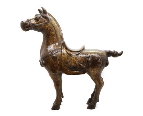 A large Chinese bronze horse,  20th century, modelled in the tang style bearing six character Xuande marks 75cm wide 24cm dee